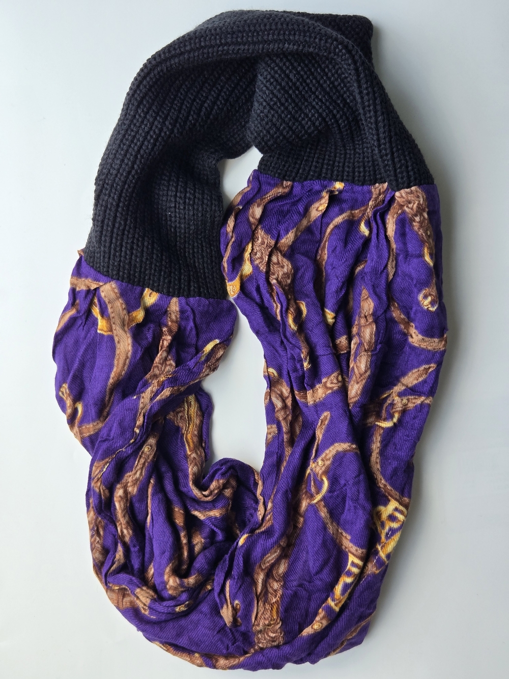 Ralph Lauren Purple Equestrian Print Knit Infinity Scarf Black Knit Tubular